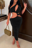 Orange Sexy Solid Hollowed Out Patchwork Oblique Collar Pencil Skirt Dresses