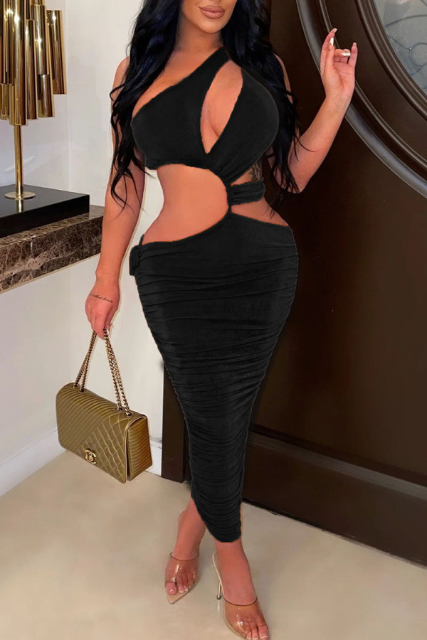 Black Sexy Solid Hollowed Out Patchwork Oblique Collar Pencil Skirt Dresses