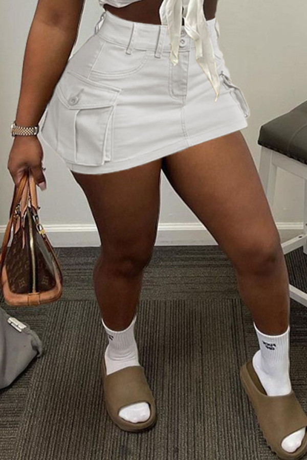 White Casual Solid Patchwork Pocket Regular High Waist Straight Solid Color Bottoms