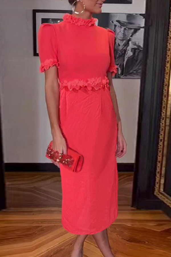 Red Casual Elegant Solid Patchwork O Neck Straight Dresses