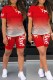 Red Casual Print Letter O Neck Short Sleeve Two Pieces