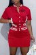 Red Street Print Letter Mandarin Collar Short Sleeve Two Pieces