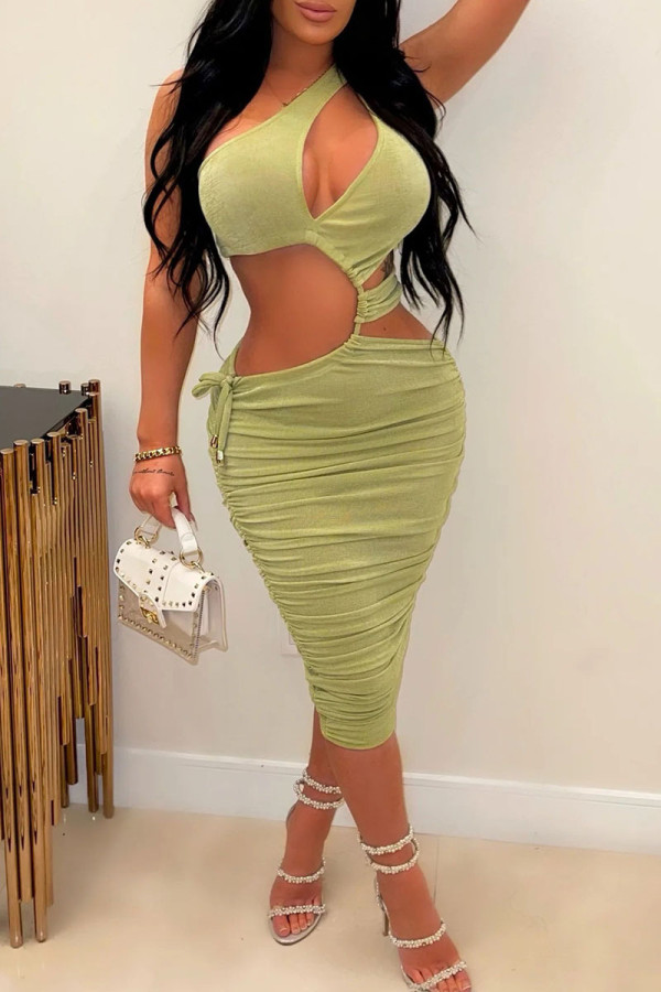 Green Sexy Solid Hollowed Out Patchwork Oblique Collar Pencil Skirt Dresses