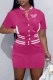 Rose Red Street Print Letter Mandarin Collar Short Sleeve Two Pieces