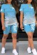 Light Blue Casual Print Letter O Neck Short Sleeve Two Pieces