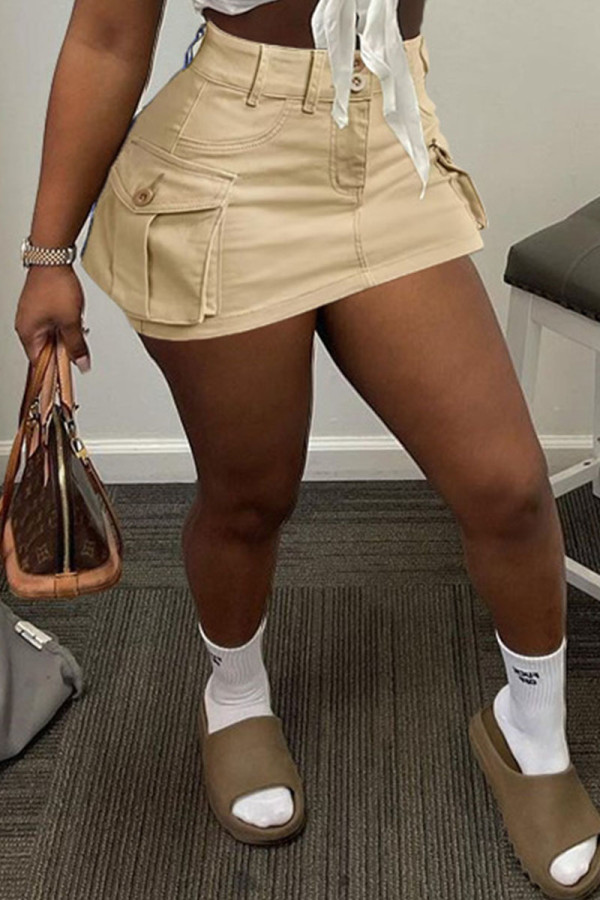 Khaki Casual Solid Patchwork Pocket Regular High Waist Straight Solid Color Bottoms
