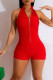 Red Sexy Solid Patchwork Zipper Collar Skinny Rompers