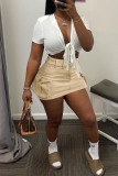 White Casual Solid Patchwork Pocket Regular High Waist Straight Solid Color Bottoms