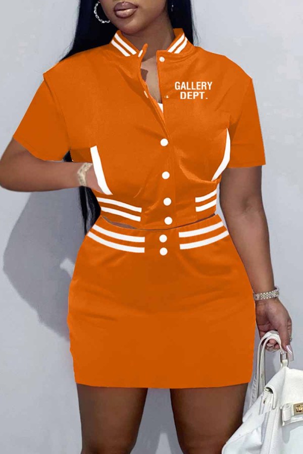Orange Street Print Letter Mandarin Collar Short Sleeve Two Pieces