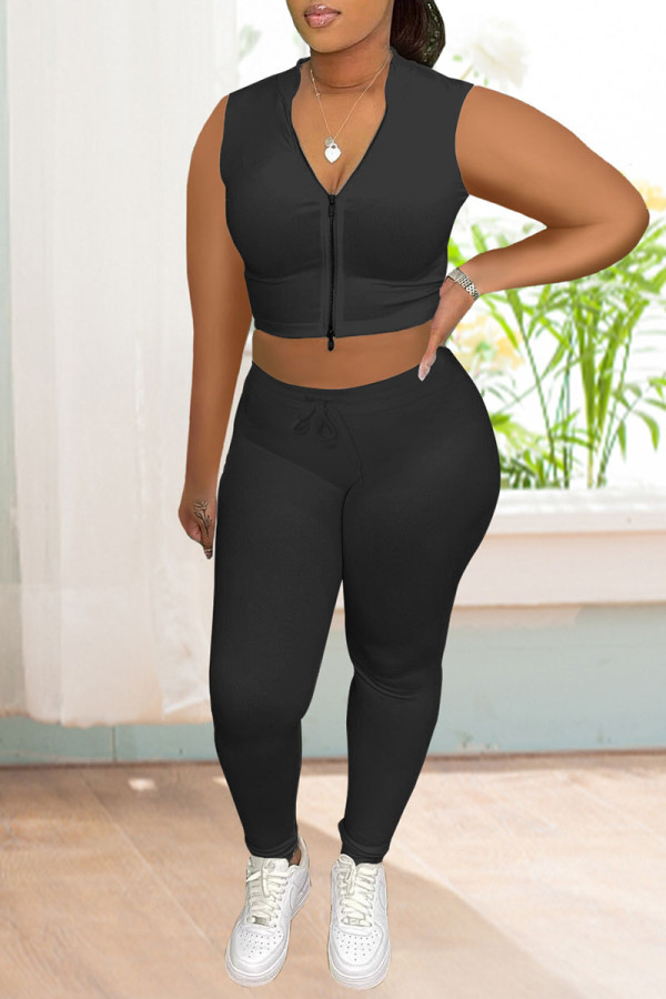 Black Casual Solid Patchwork Zipper Sleeveless Two Pieces
