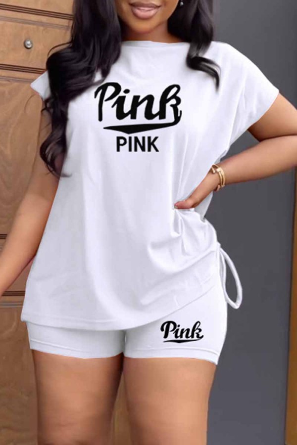 White Street Print Letter O Neck Short Sleeve Two Pieces