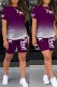 Purple Casual Print Letter O Neck Short Sleeve Two Pieces