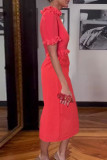Red Casual Elegant Solid Patchwork O Neck Straight Dresses