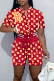 Red Casual Print Patchwork Buckle Short Sleeve Two Pieces