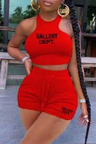 Red Casual Print Letter O Neck Sleeveless Two Pieces