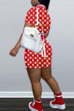 Red Casual Print Patchwork Buckle Short Sleeve Two Pieces