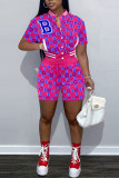 Red Casual Print Patchwork Buckle Short Sleeve Two Pieces