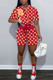 Red Casual Print Patchwork Buckle Short Sleeve Two Pieces