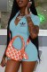 Sky Blue Street Print Letter Zipper Collar Rompers