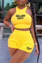 Yellow Casual Print Letter O Neck Sleeveless Two Pieces
