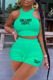 Green Casual Print Letter O Neck Sleeveless Two Pieces