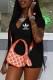 Black Street Print Letter Zipper Collar Rompers