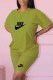 Green Casual Print Letter O Neck Short Sleeve Two Pieces