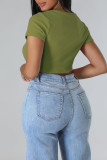 Green Casual Solid Tassel Patchwork Pearl O Neck T-Shirts