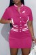 Rose Red Street Print Letter Mandarin Collar Short Sleeve Two Pieces