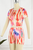 Pink Casual Print Basic O Neck Short Sleeve Two Pieces