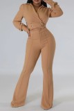 Rose Red Casual Solid Patchwork V Neck Long Sleeve Two Pieces