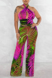 Green Sexy Print Patchwork Halter Straight Jumpsuits