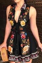 Black Sexy Print Bandage Turndown Collar Sleeveless Dress Dresses