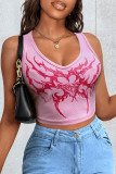 Pink Street Print Patchwork V Neck Tops