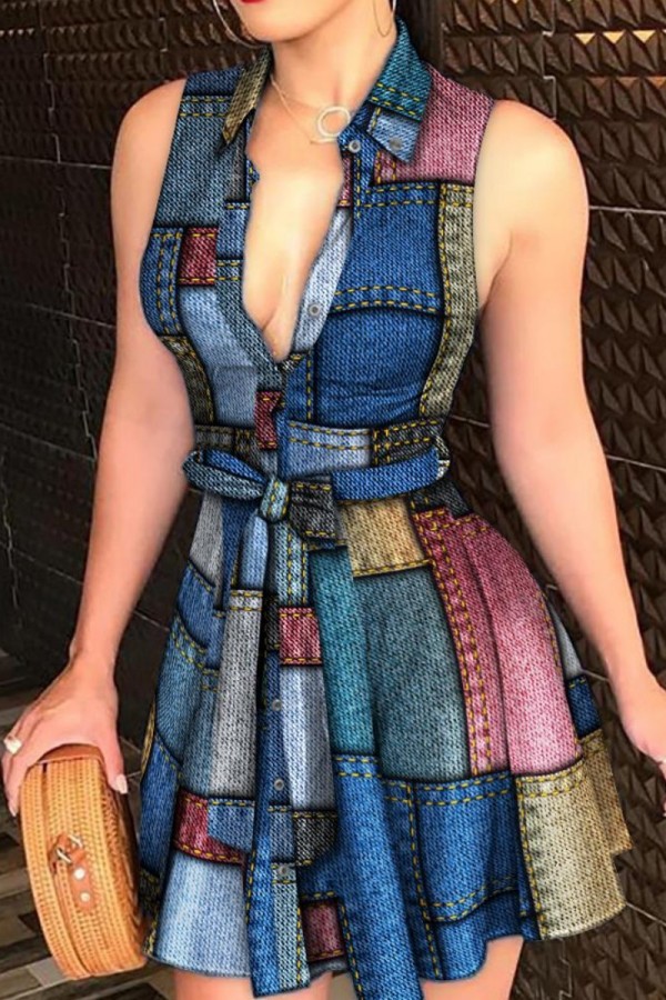 Blue Sexy Print Bandage Turndown Collar Sleeveless Dress Dresses
