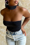White Sexy Street Solid Patchwork Halter Tops
