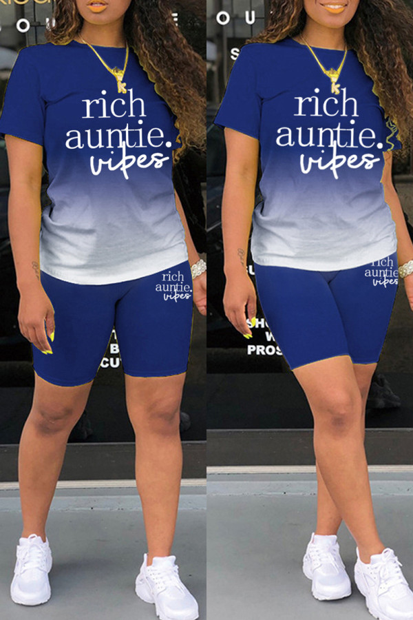 Blue Casual Gradual Change Letter Print Basic O Neck Short Sleeve Two Pieces