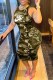 Green Street Camouflage Print Letter O Neck One Step Skirt Dresses