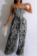 Black Sexy Print Patchwork Fold Strapless Straight Jumpsuits