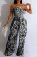 Black Sexy Print Patchwork Fold Strapless Straight Jumpsuits