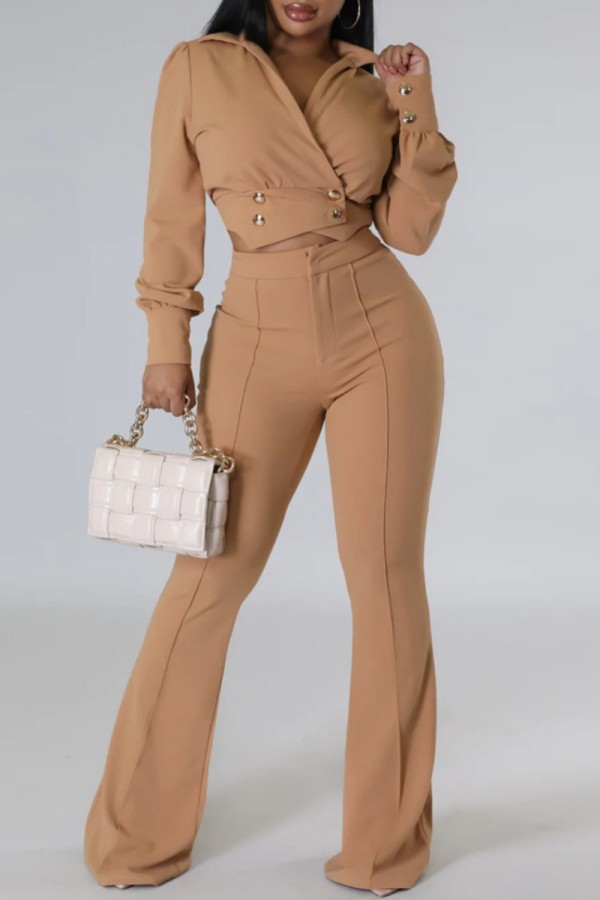 Camel Casual Solid Patchwork V Neck Long Sleeve Two Pieces