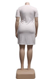 White Casual Letter Print Basic O Neck Short Sleeve Dress Plus Size Dresses