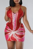 Red Sexy Patchwork Bandage Sequins Backless Halter Sleeveless Dress Dresses