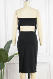 Pink Sexy Solid Patchwork Feathers Slit Strapless Sleeveless Two Pieces