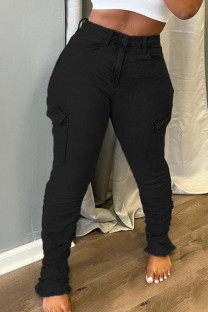 Black Casual Solid Patchwork Pocket High Waist Denim Jeans
