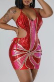 Red Sexy Patchwork Bandage Sequins Backless Halter Sleeveless Dress Dresses