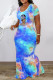 Blue Casual Print Tie-dye O Neck Short Sleeve Dress Dresses