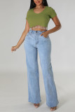 Green Casual Solid Tassel Patchwork Pearl O Neck T-Shirts