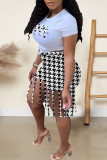 Black White Casual Print Tassel Patchwork Short Sleeve Two Pieces