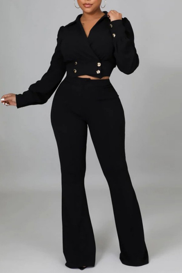 Black Casual Solid Patchwork V Neck Long Sleeve Two Pieces